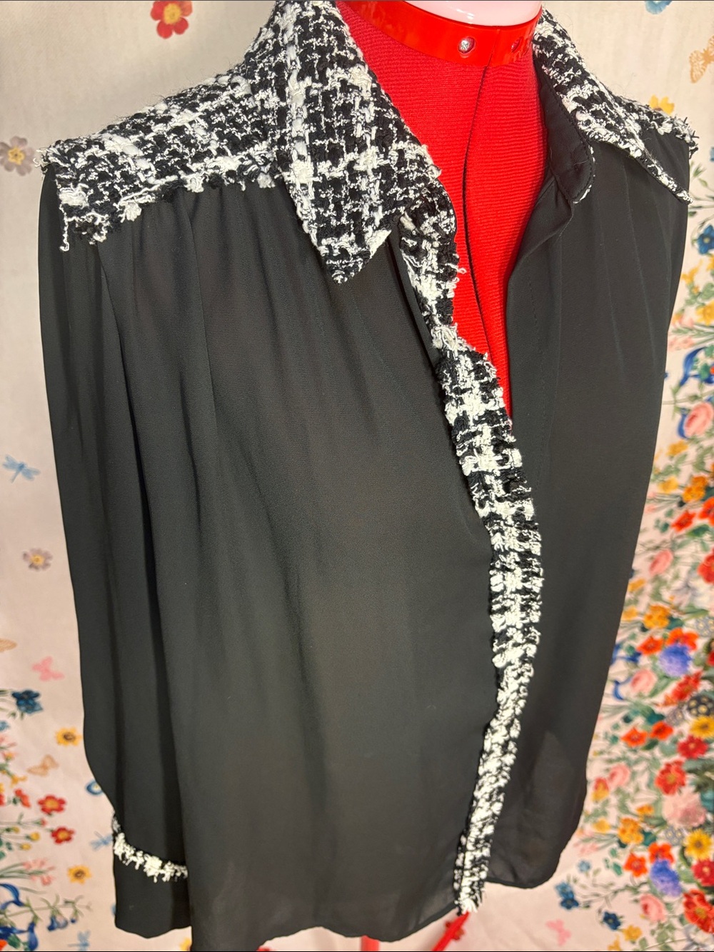 Zara - Semi-Sheer Black Blouse with Houndstooth Tweed Collar & Trim
